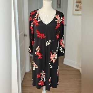 Taylor Black Dress with Red and White Floral Design